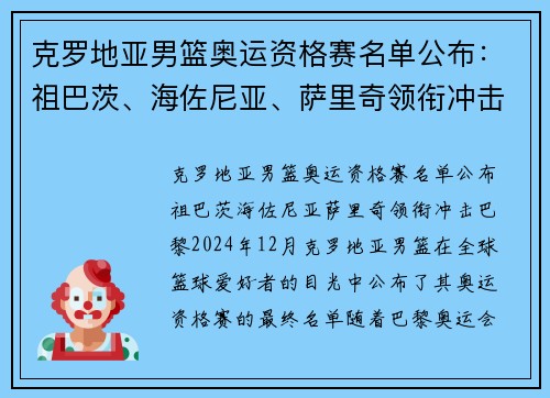 克罗地亚男篮奥运资格赛名单公布：祖巴茨、海佐尼亚、萨里奇领衔冲击巴黎