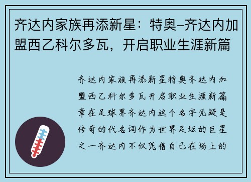 齐达内家族再添新星：特奥-齐达内加盟西乙科尔多瓦，开启职业生涯新篇章